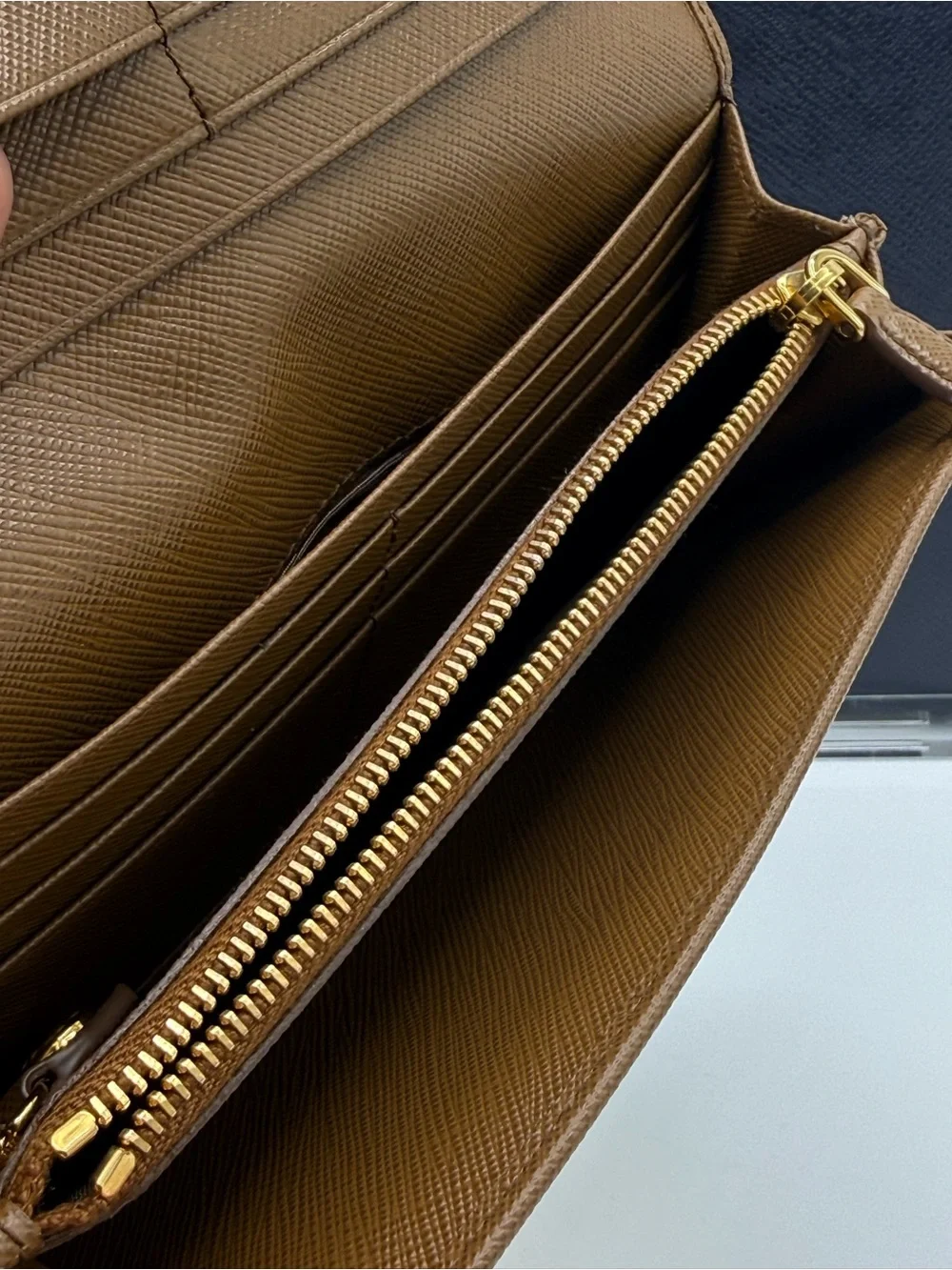 Prada Saffiano Metal Bar Flap Wallet in Caramel / Camello W/ card holder